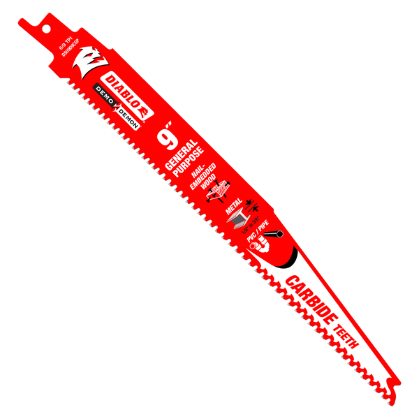 DIABLO® DS0909CGP3 Reciprocating Saw Blade, 9 in L, 1 in W, Straight, Tapered Cut, 6 to 9 TPI, Carbide Cutting Edge