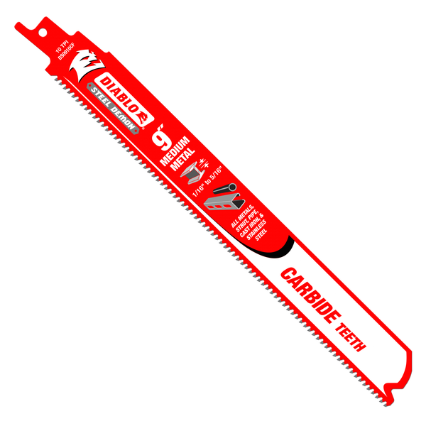 DIABLO® DS0910CF10 Reciprocating Saw Blade, 9 in L, 1 in W, 10 TPI, Carbide Cutting Edge, Steel Blade