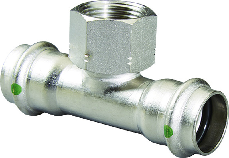 Viega 4017.2 Series 80850 Reducing Tee, 1 in Press x 1 in Press x 3/4 in FNPT, Stainless Steel
