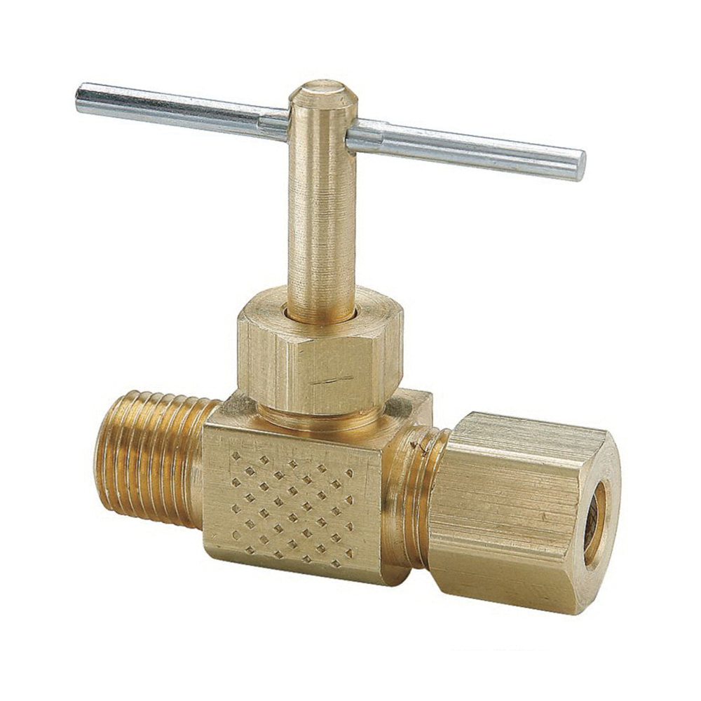 Parker® NV106C-6-4 Brass Inline Needle Valve, 3/8 in x 1/4 in, Compression x Male Pipe, 150 psi, -45 to 250 deg F