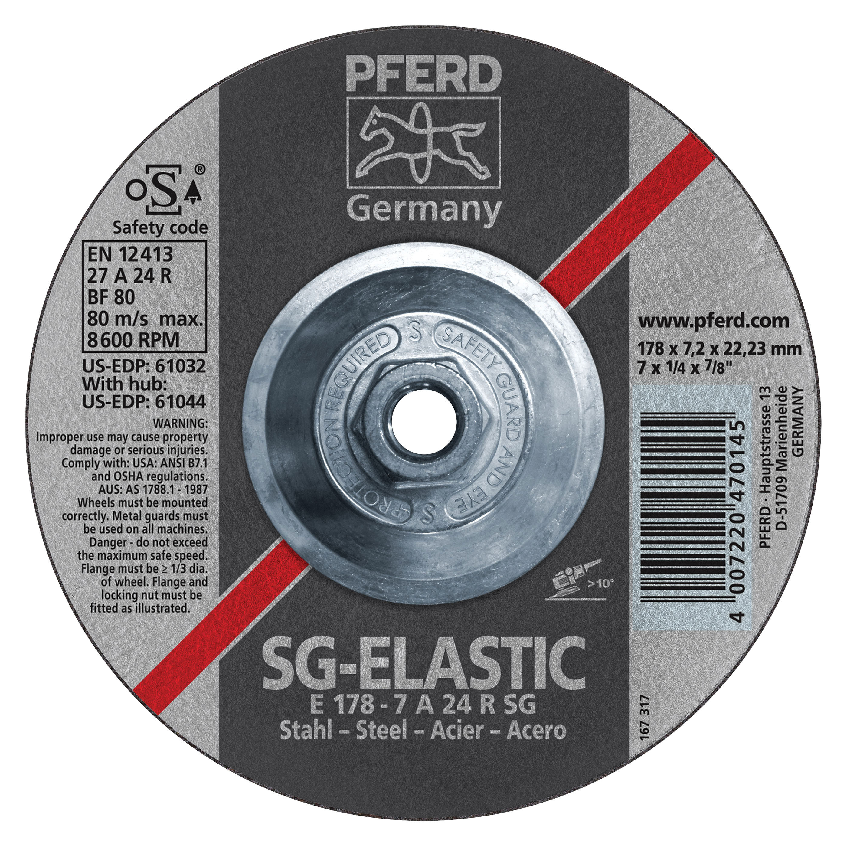 PFERD 61026 Aluminum Oxide Performance Line Depressed Center Wheel, 4-1/2 in Dia x 1/4 in THK, 13300 rpm, Grit 24