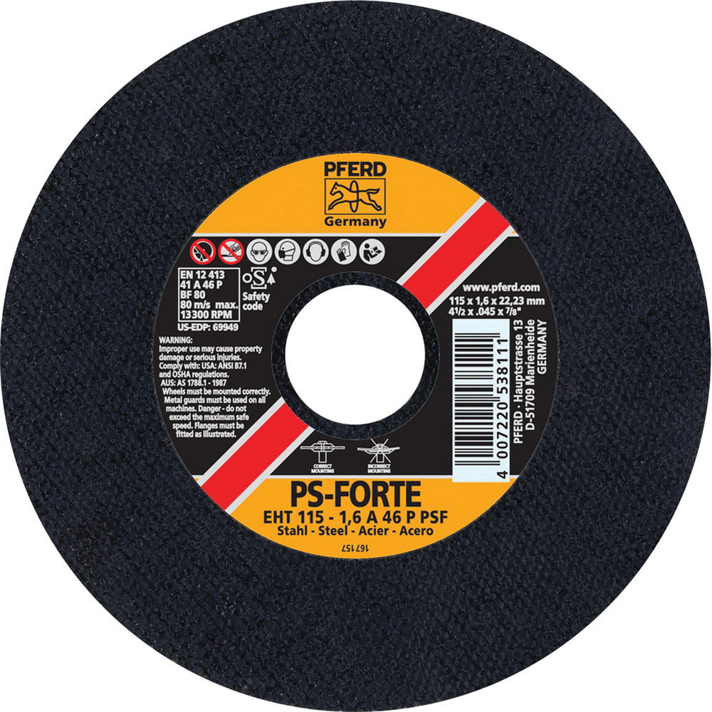 PFERD 69949 Aluminum Oxide General Purpose Universal Line Type 1 Cut Off Wheel, 4-1/2 in Dia x 0.045 in THK, 7/8 in Arbor