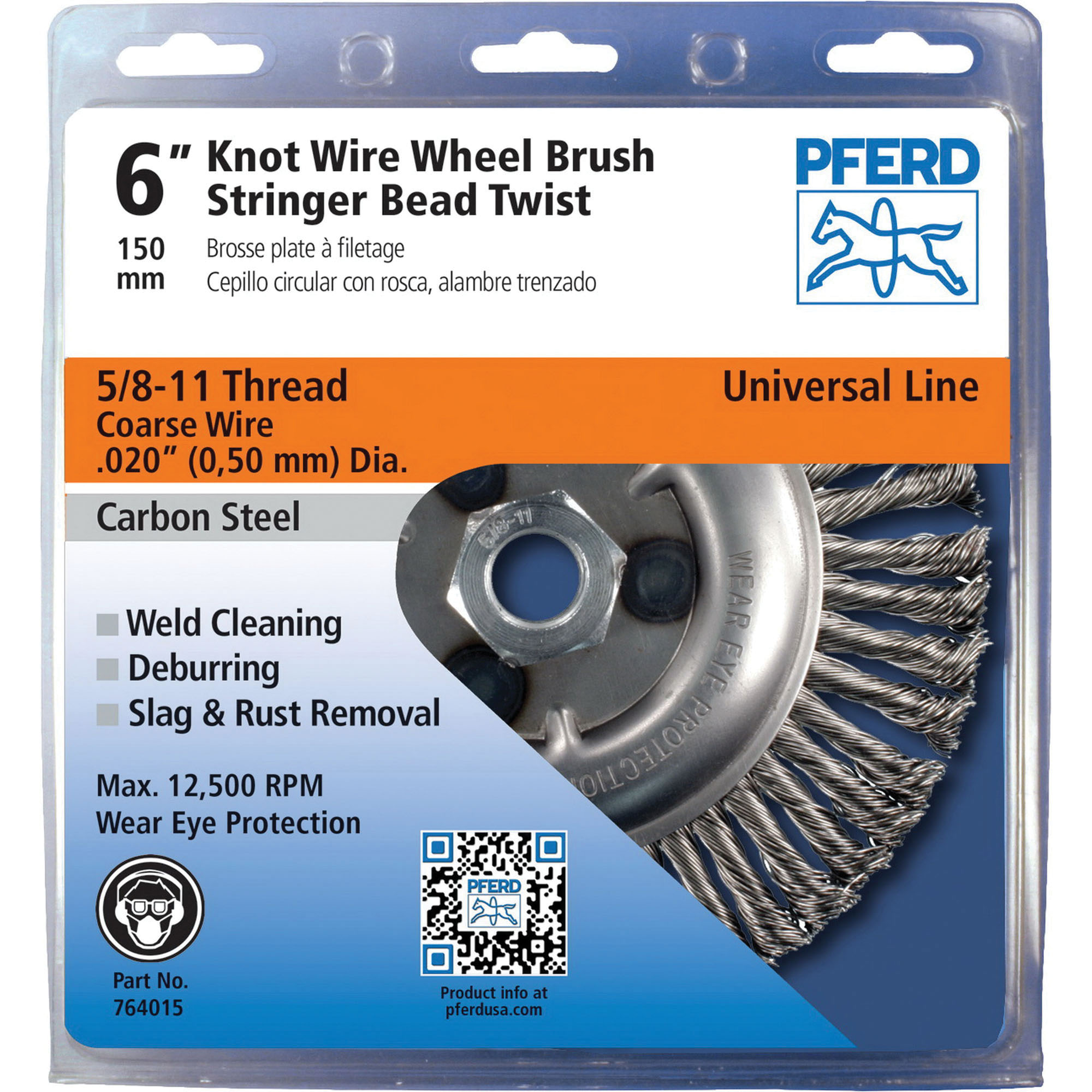 PFERD 763926 Standard Twist Knot Wheel Brush 20000 RPM 5/8-11 Thread Carbon Steel Wire 0.020 Wire Size 4 Diameter 